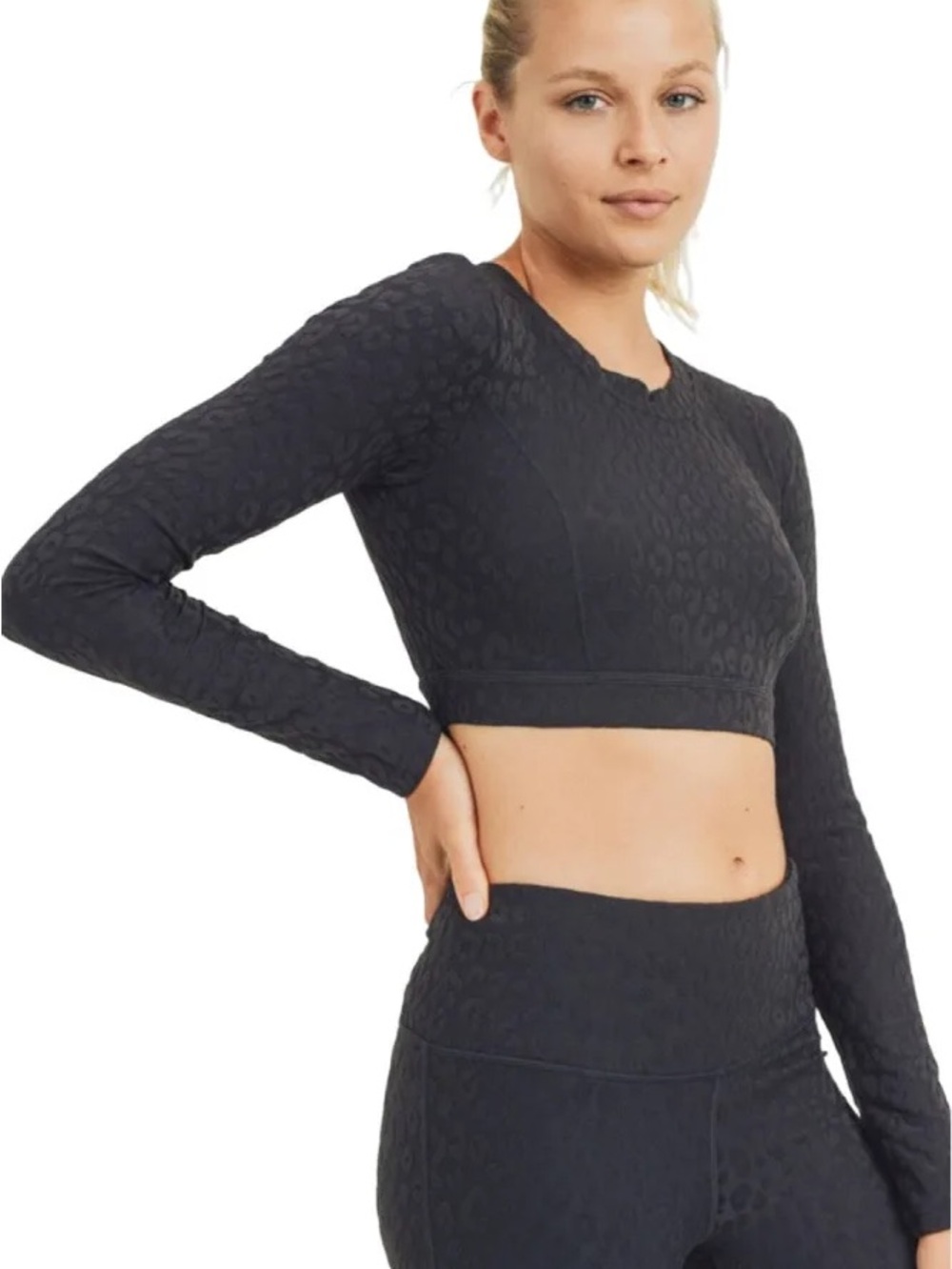 Mono B Textured Leopard Jacquard Peekaboo Back Long-Sleeve Crop Top
